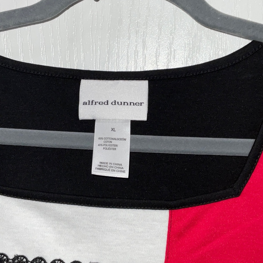 Alfred Dunner Black, White, and Red Patchwork Short Sleeve Top - Picture 2 of 7